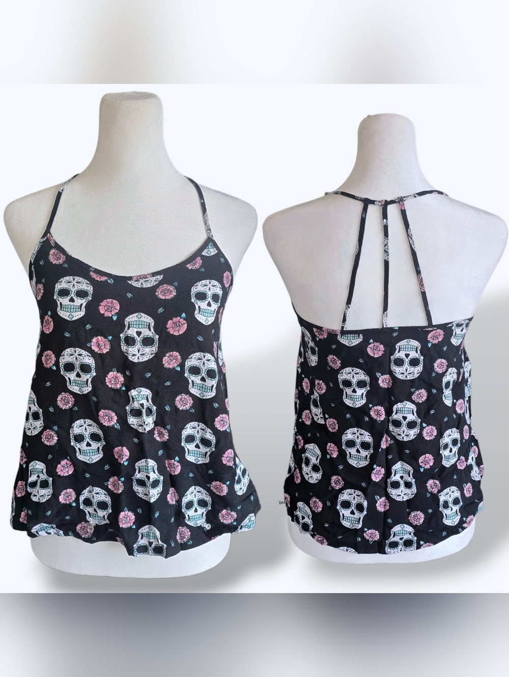 🟨 No Boundaries Black Sugar Skull Floral Print Strappy Back Tank XSmall & Small